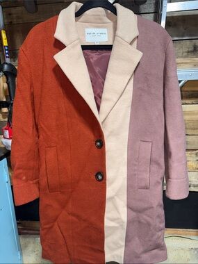 Petite Studio Colorblock Pea Coat in Rust, Cream & Mauve Wool XXS